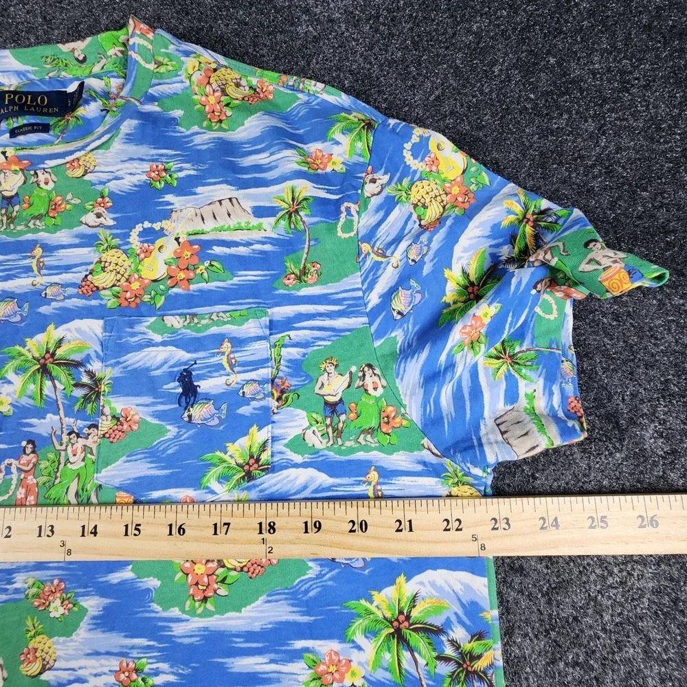 Polo Ralph Lauren Blue Hawaiian Hula Girl Island Print T-Shirt Mens L Classic